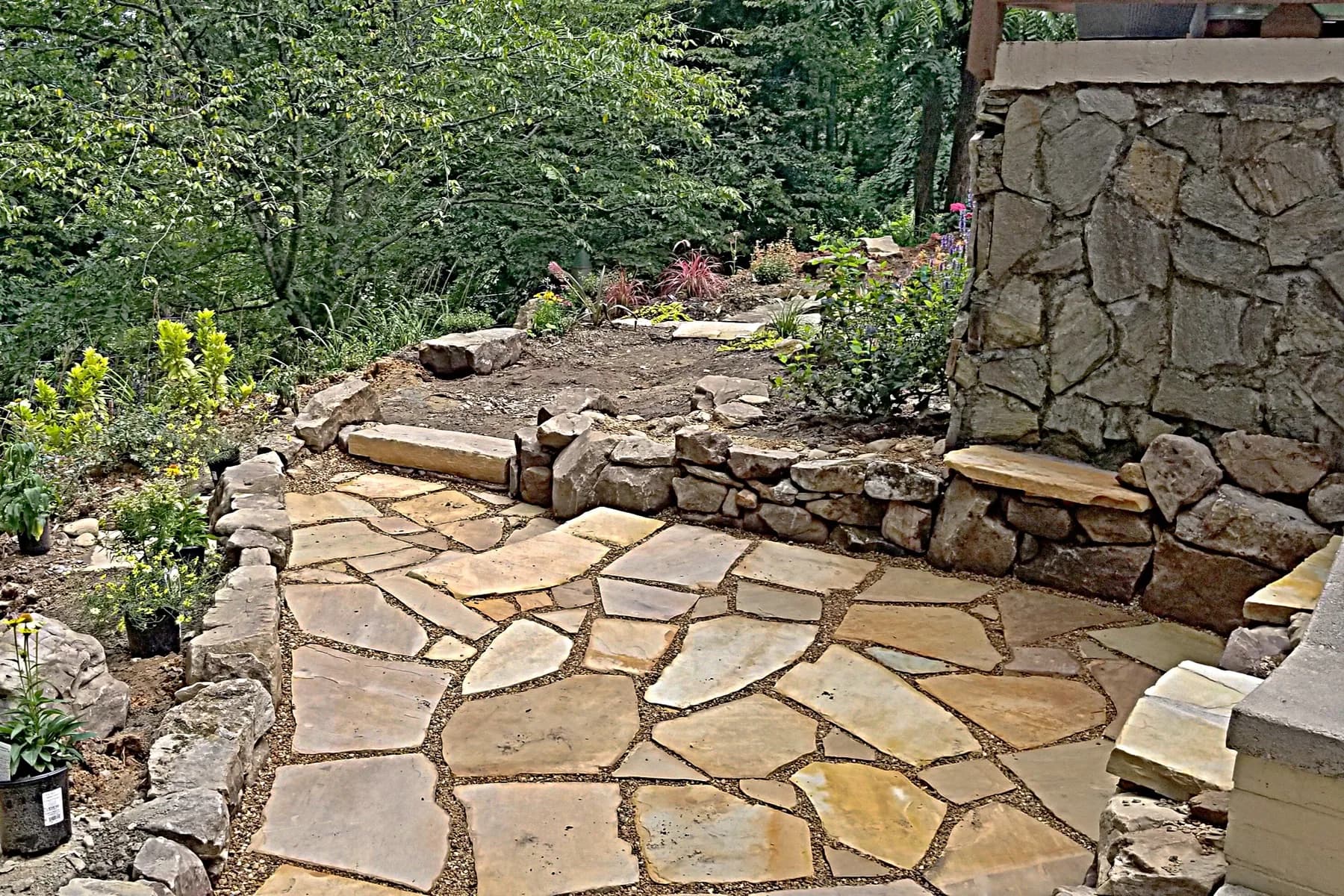 Finished flagstone walk with pea gravel joints and stone edge, view 10