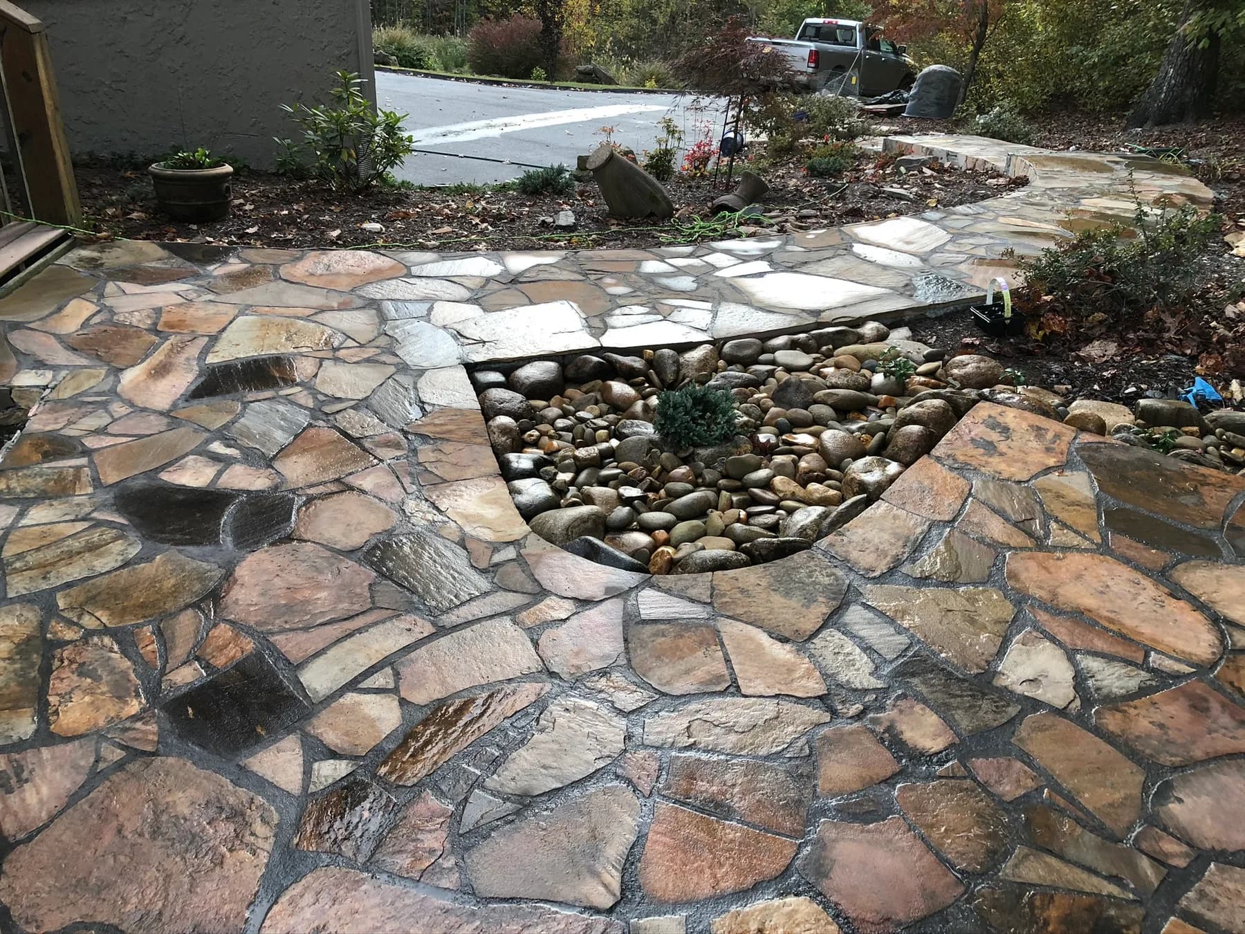 Finished mortared flagstone landing with stone joint detail, view 13