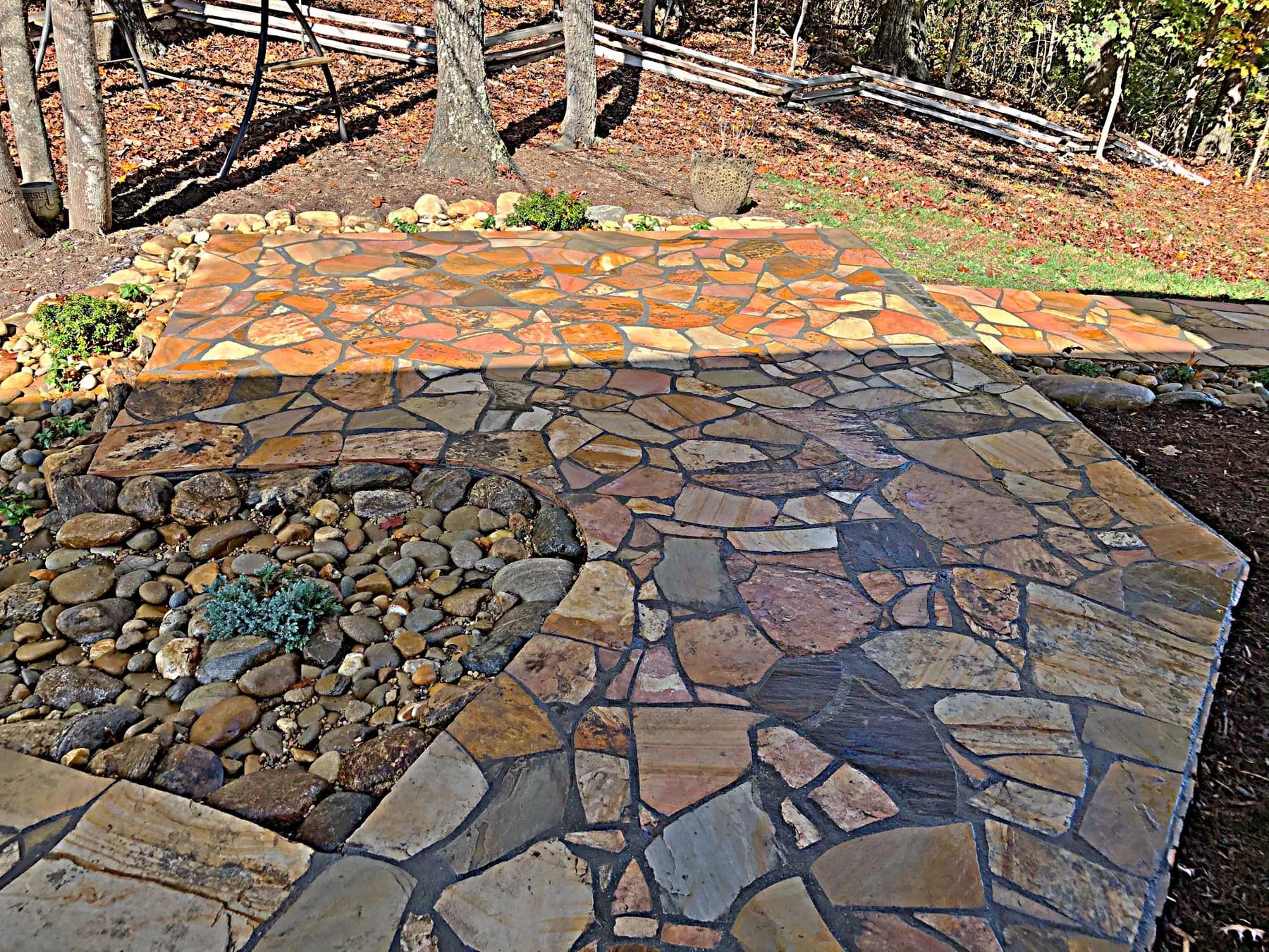 Mortared flagstone landing with stone edge and planting area, view 16